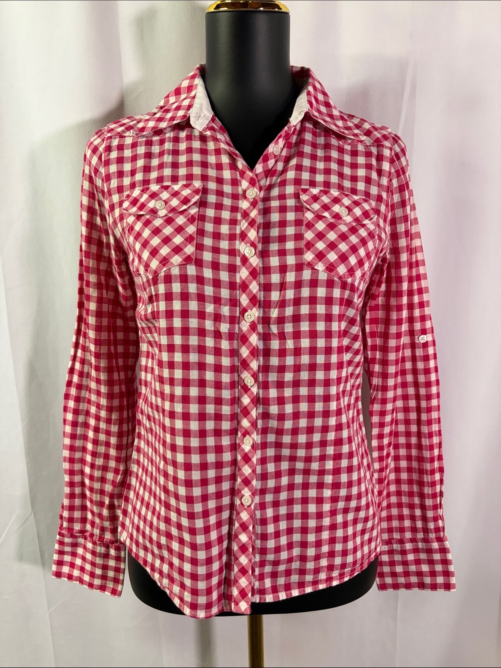 Vintage Y2K dELiA*s Pink Plaid Roll-Tab Sleeve Western Style Button Down Shirt